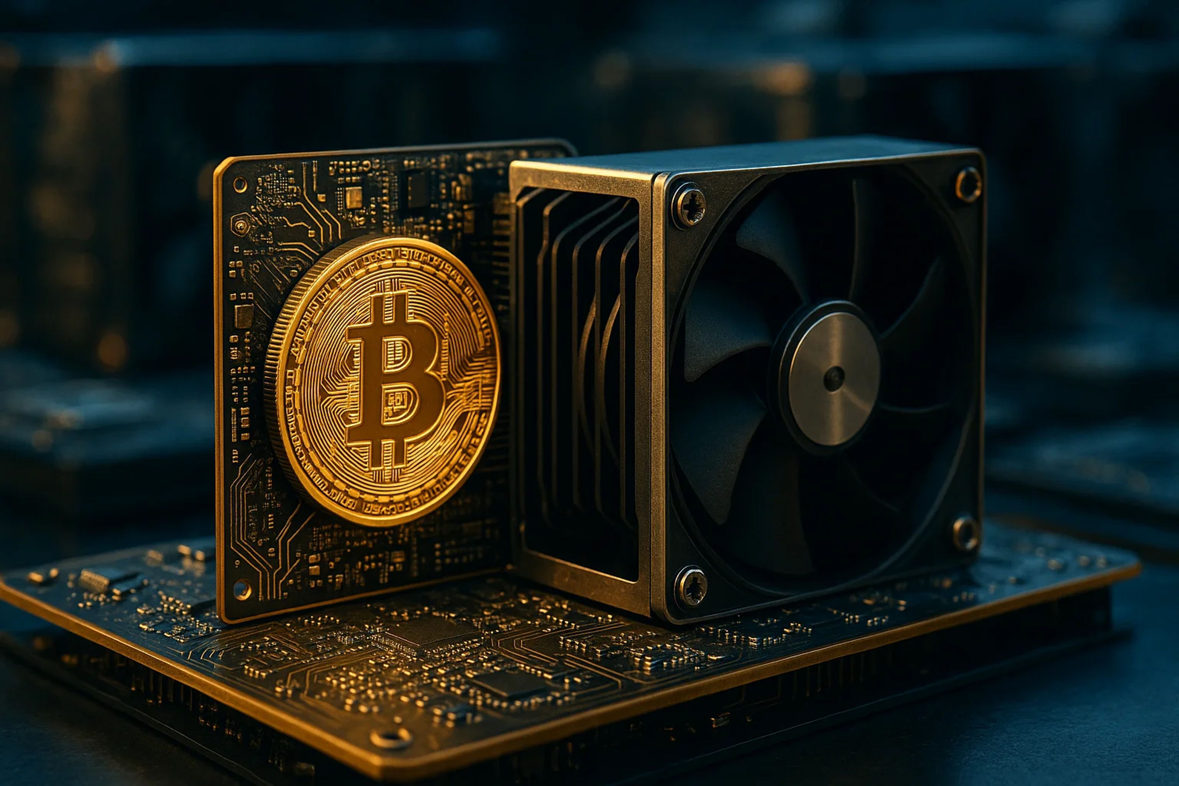 A golden Bitcoin on a circuit board with a fan