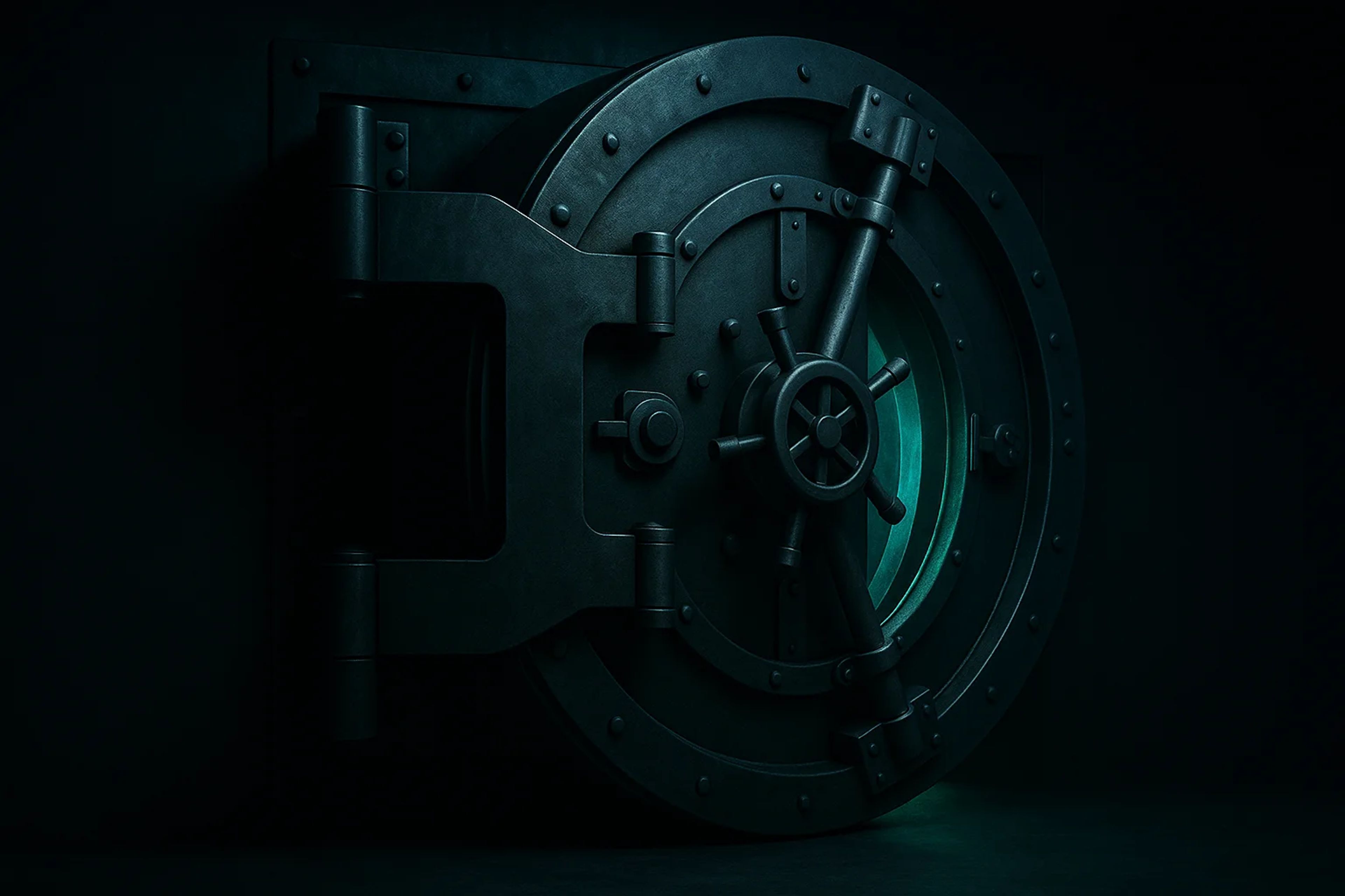 A large, dark vault door with a circular window