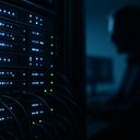 A dark server room with illuminated server racks