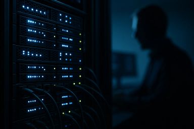 A dark server room with illuminated server racks