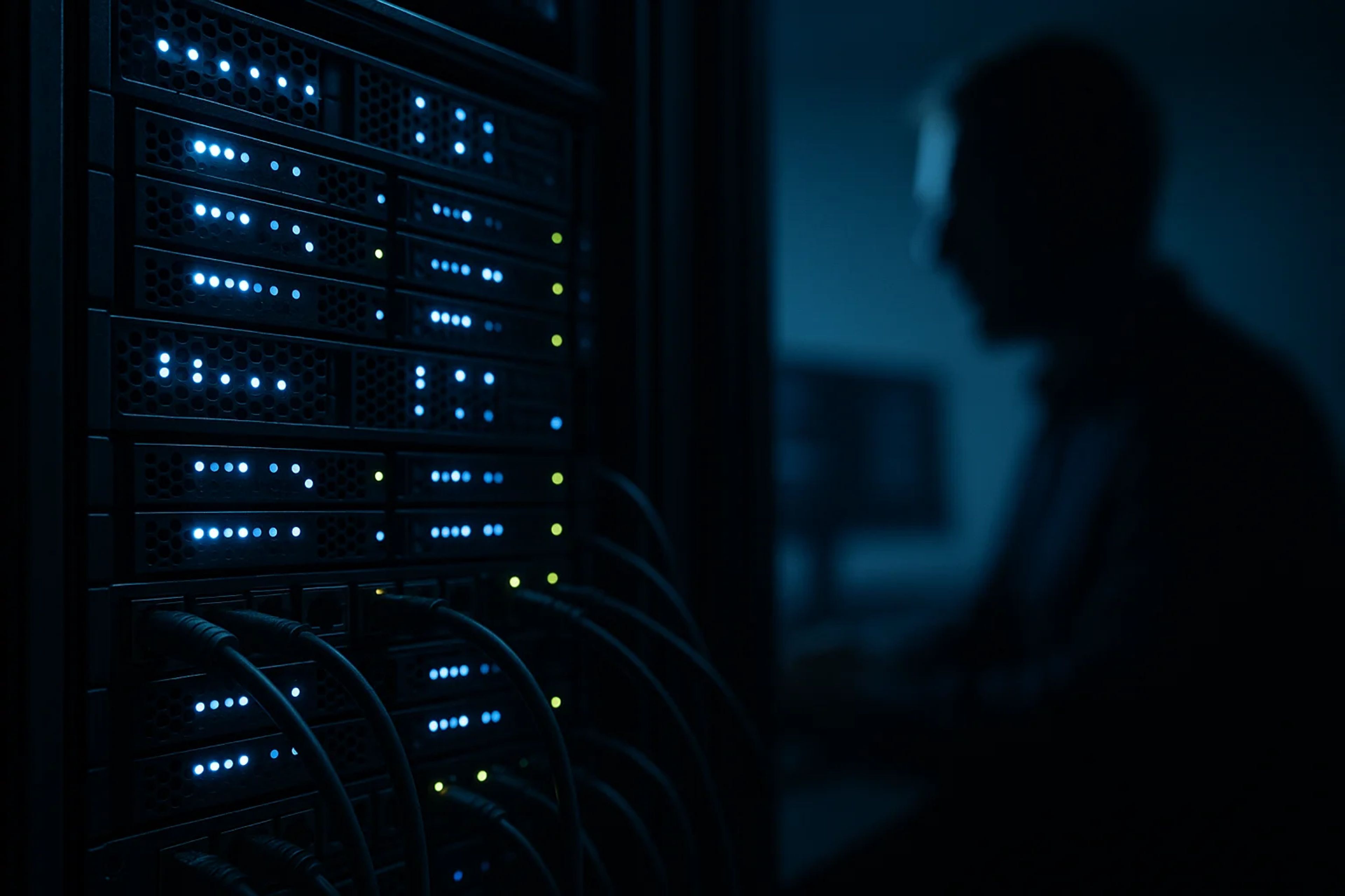 A dark server room with illuminated server racks