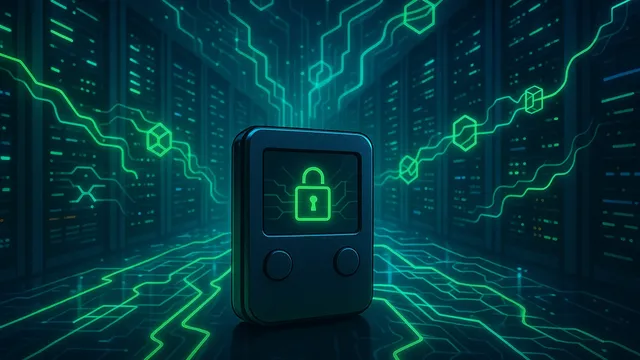 A digital lock icon in a futuristic server room