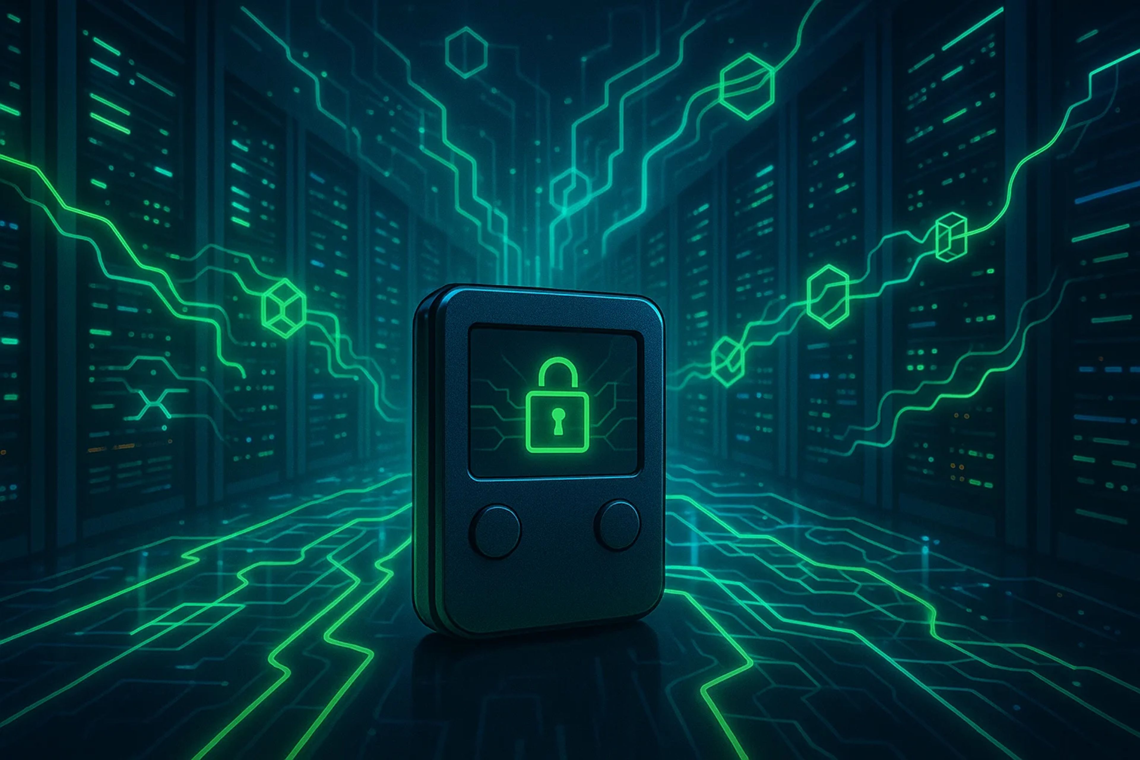 A digital lock icon in a futuristic server room