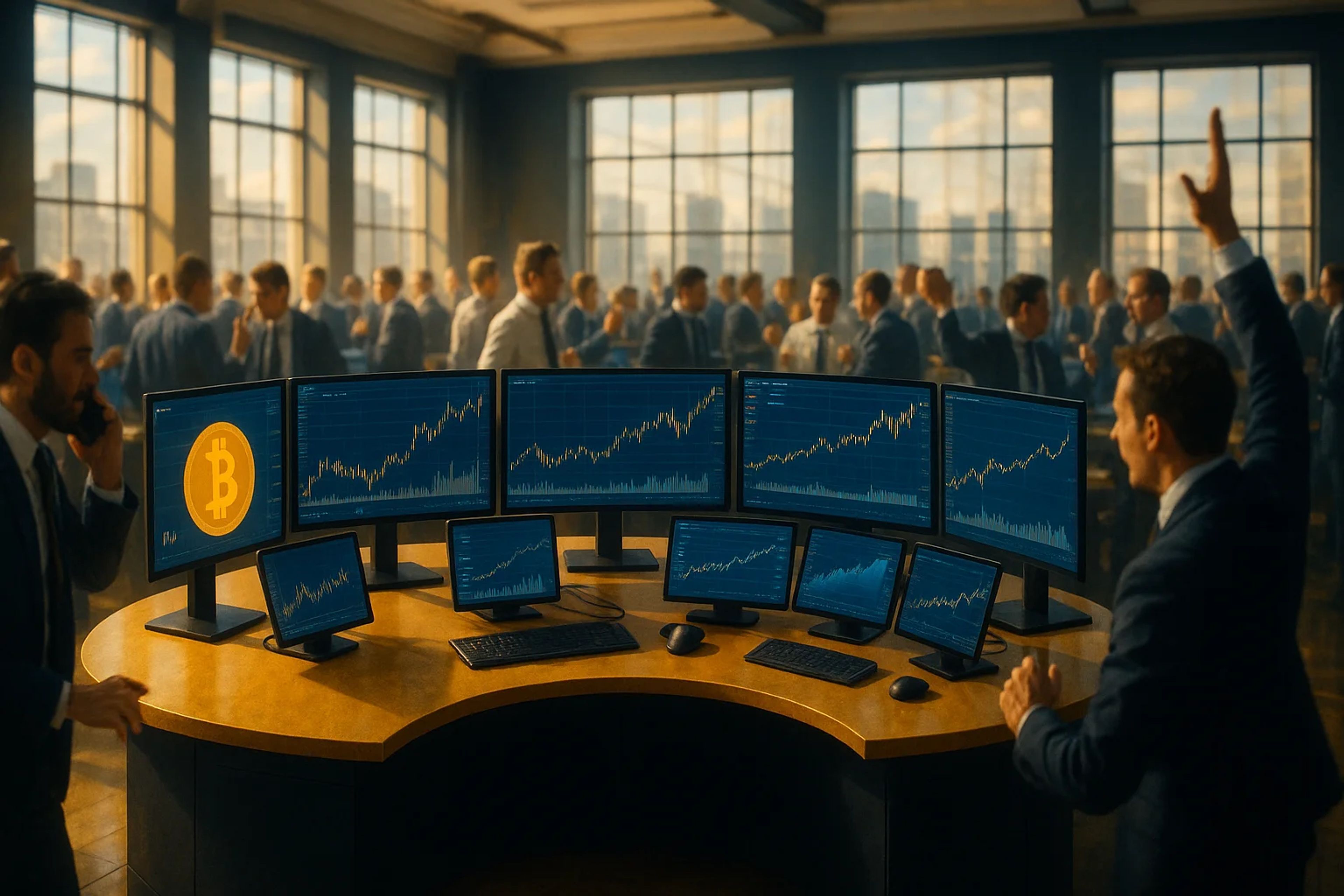 A busy trading room with multiple screens