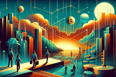 Futuristic cityscape with people walking