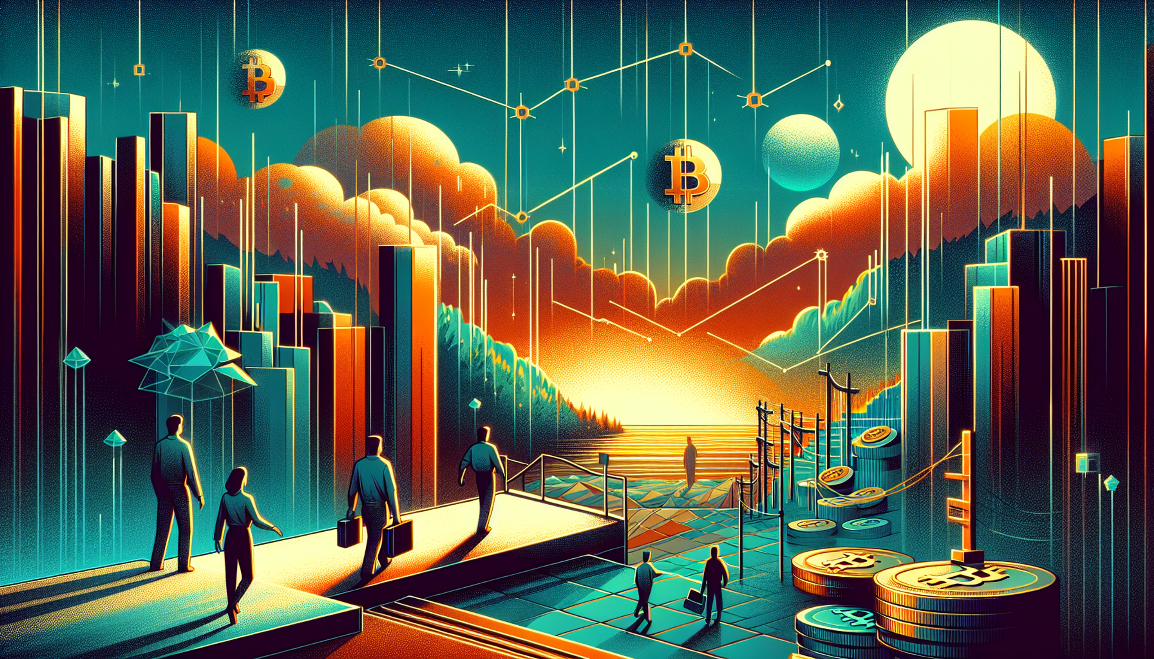 Futuristic cityscape with people walking