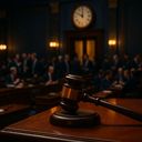 Wooden gavel on a desk in a courtroom setting