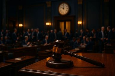 Wooden gavel on a desk in a courtroom setting