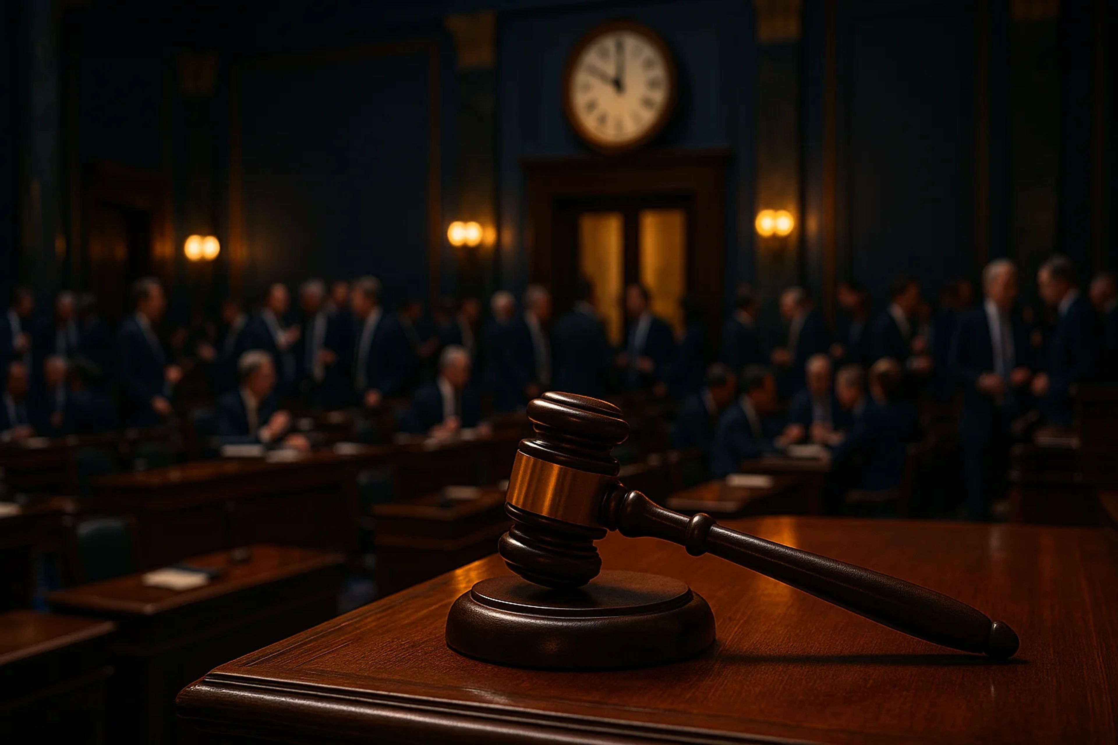 Wooden gavel on a desk in a courtroom setting