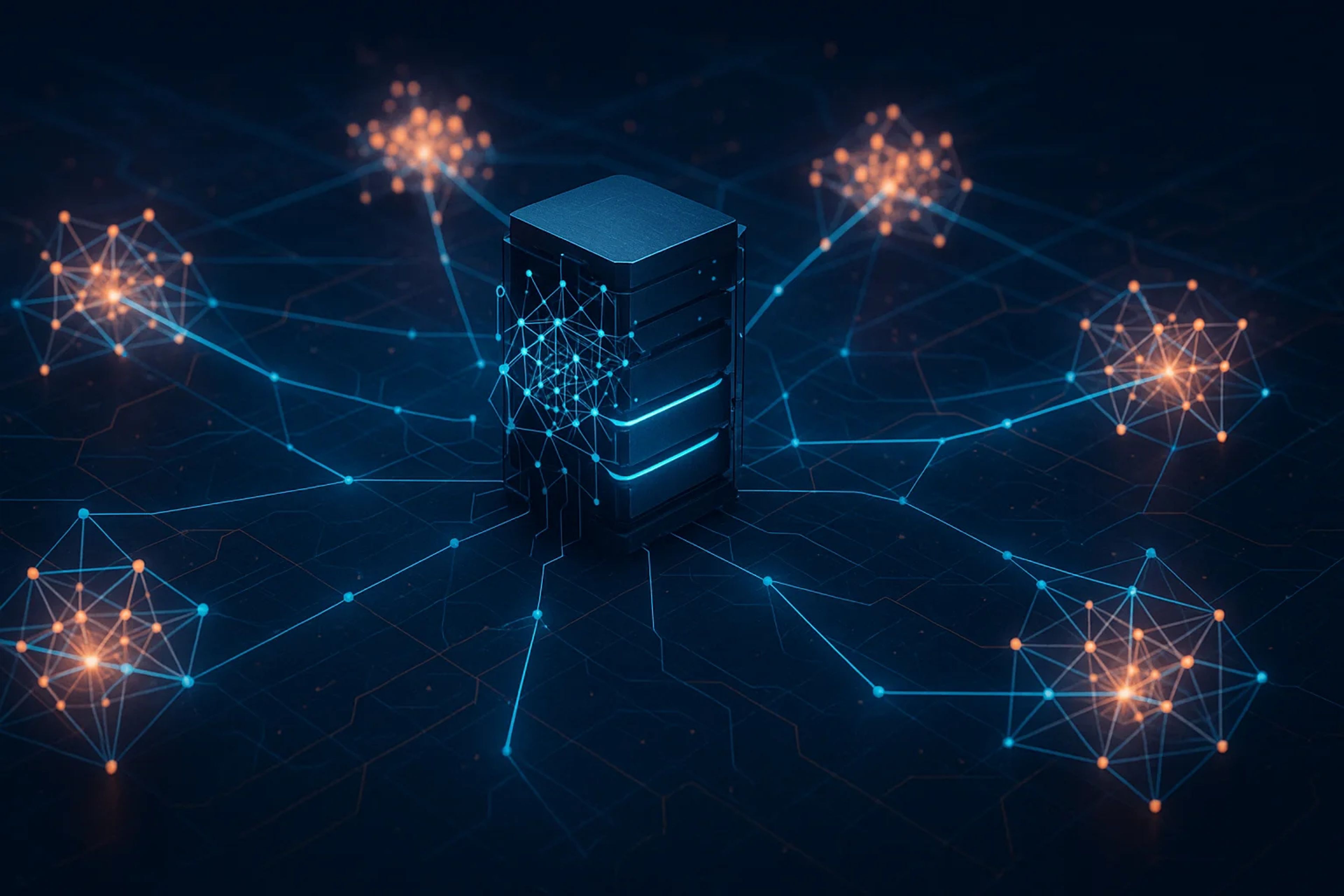 A central data server surrounded by glowing