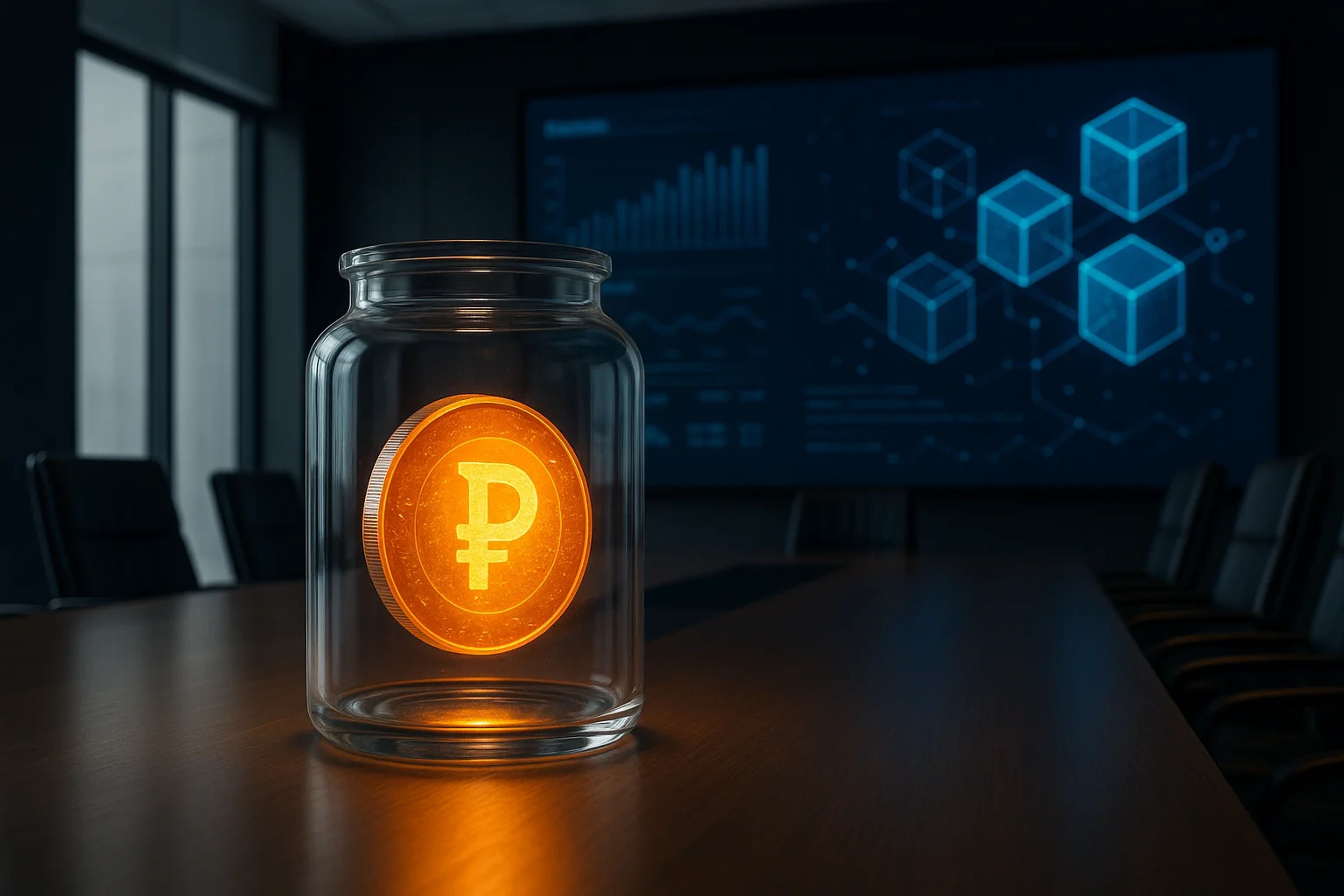 Glowing coin in a glass jar on a conference table