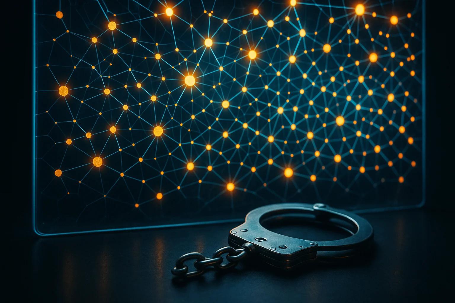 Handcuffs in front of a glowing network pattern