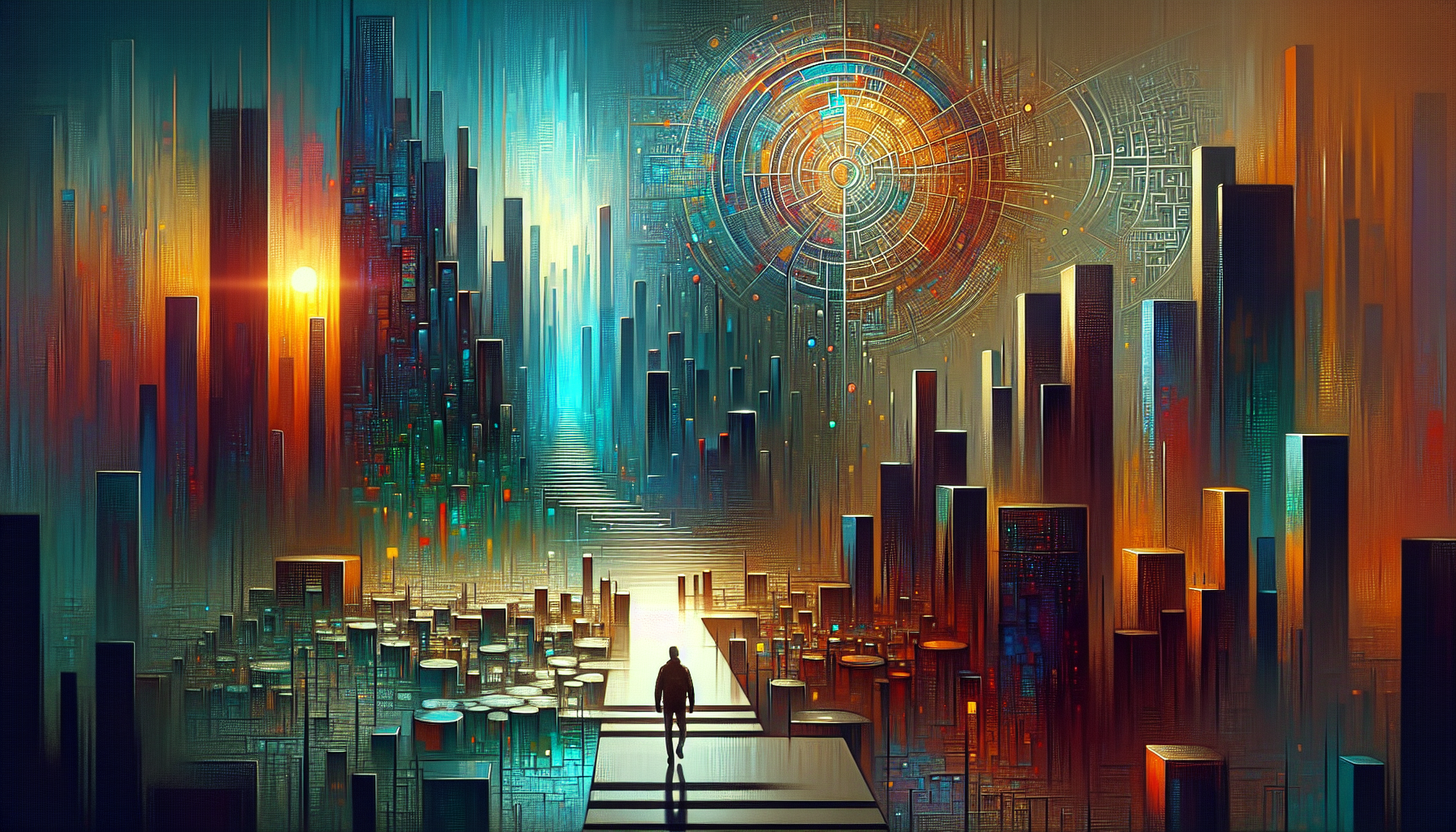 A futuristic cityscape with tall, colorful