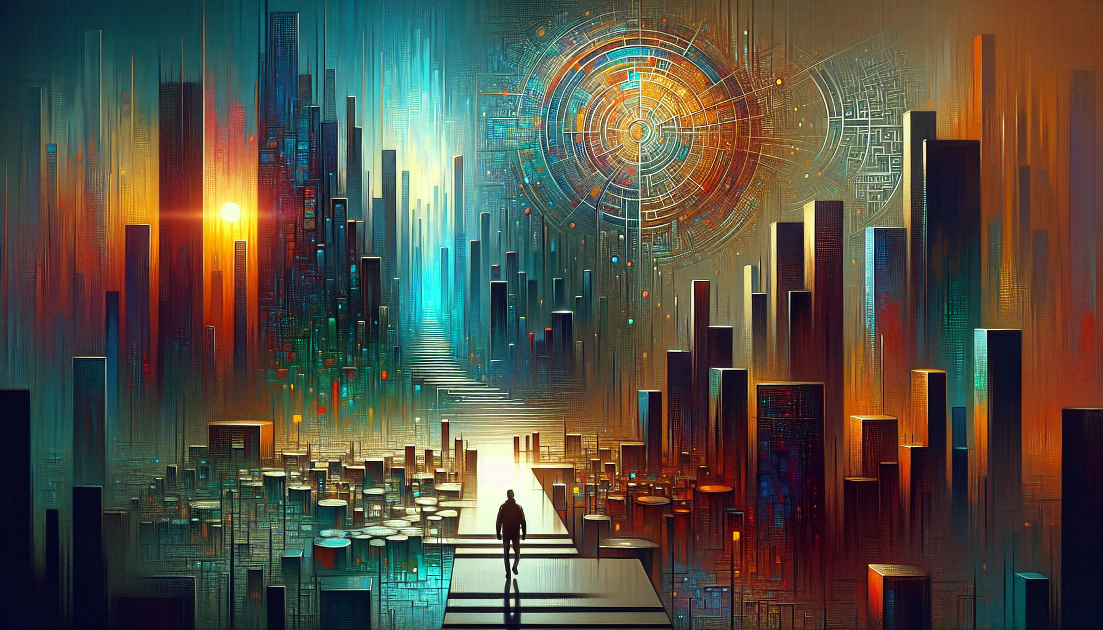 A futuristic cityscape with tall, colorful