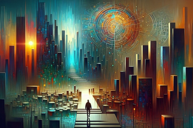 A futuristic cityscape with tall, colorful