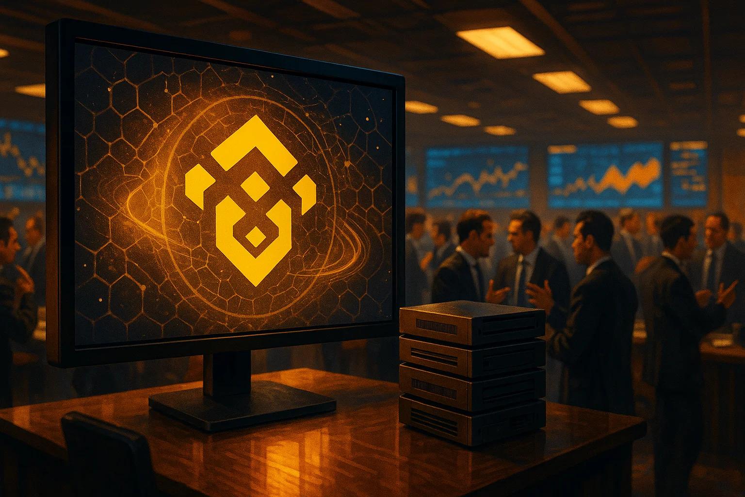 A glowing logo on a monitor in a busy trading room