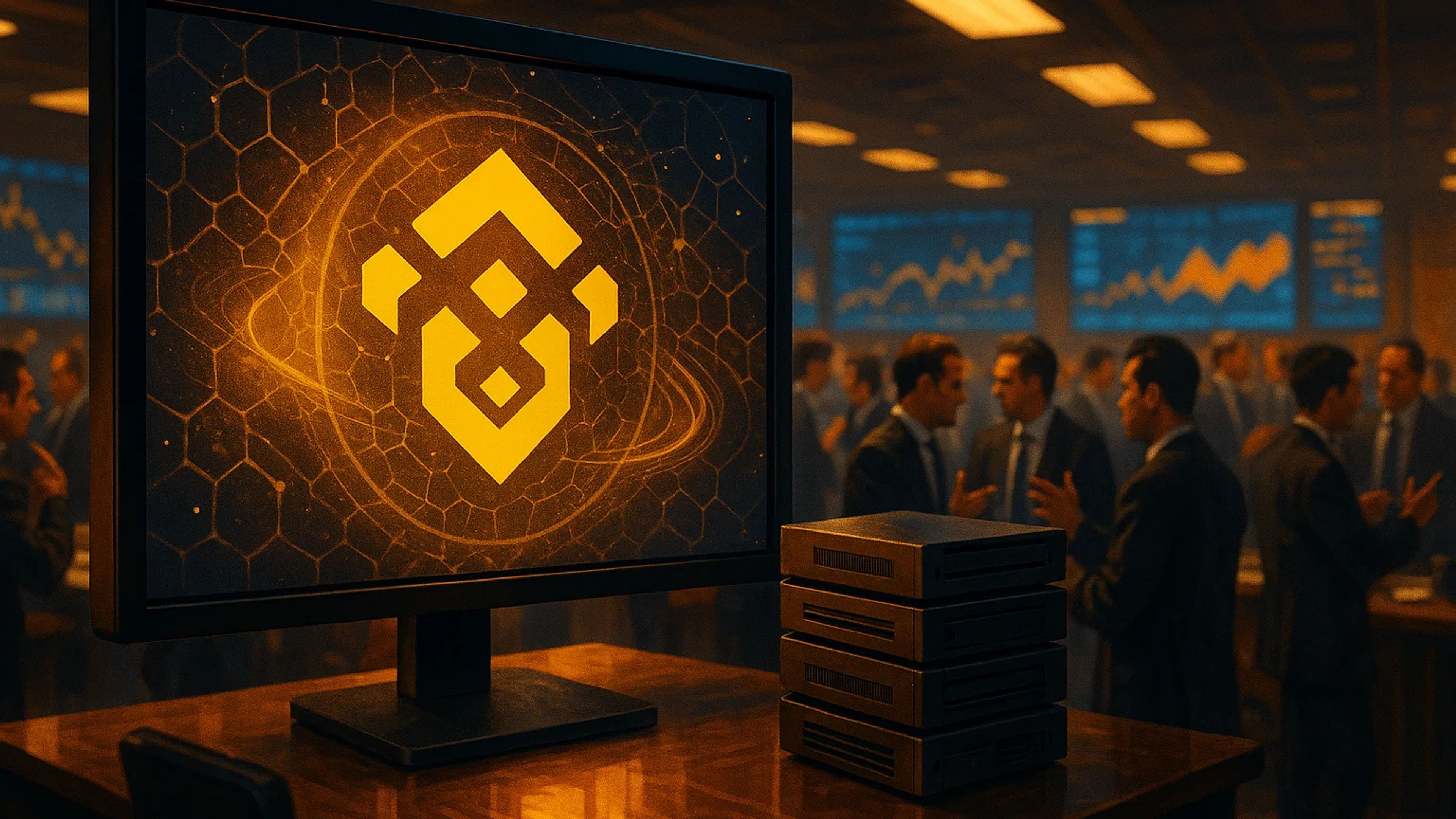 A glowing logo on a monitor in a busy trading room