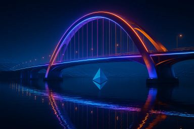 A brightly lit bridge with colorful arches