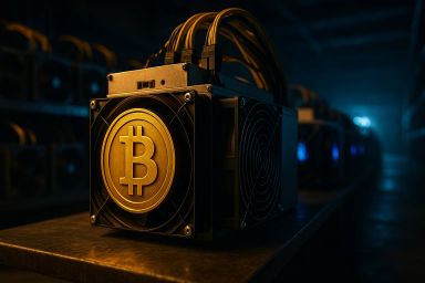 Close-up of a Bitcoin mining machine in a dimly