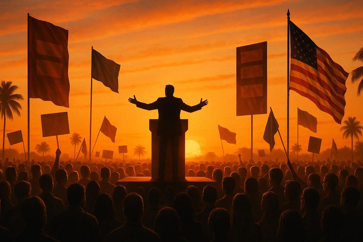 Silhouette of a speaker at a podium with flags