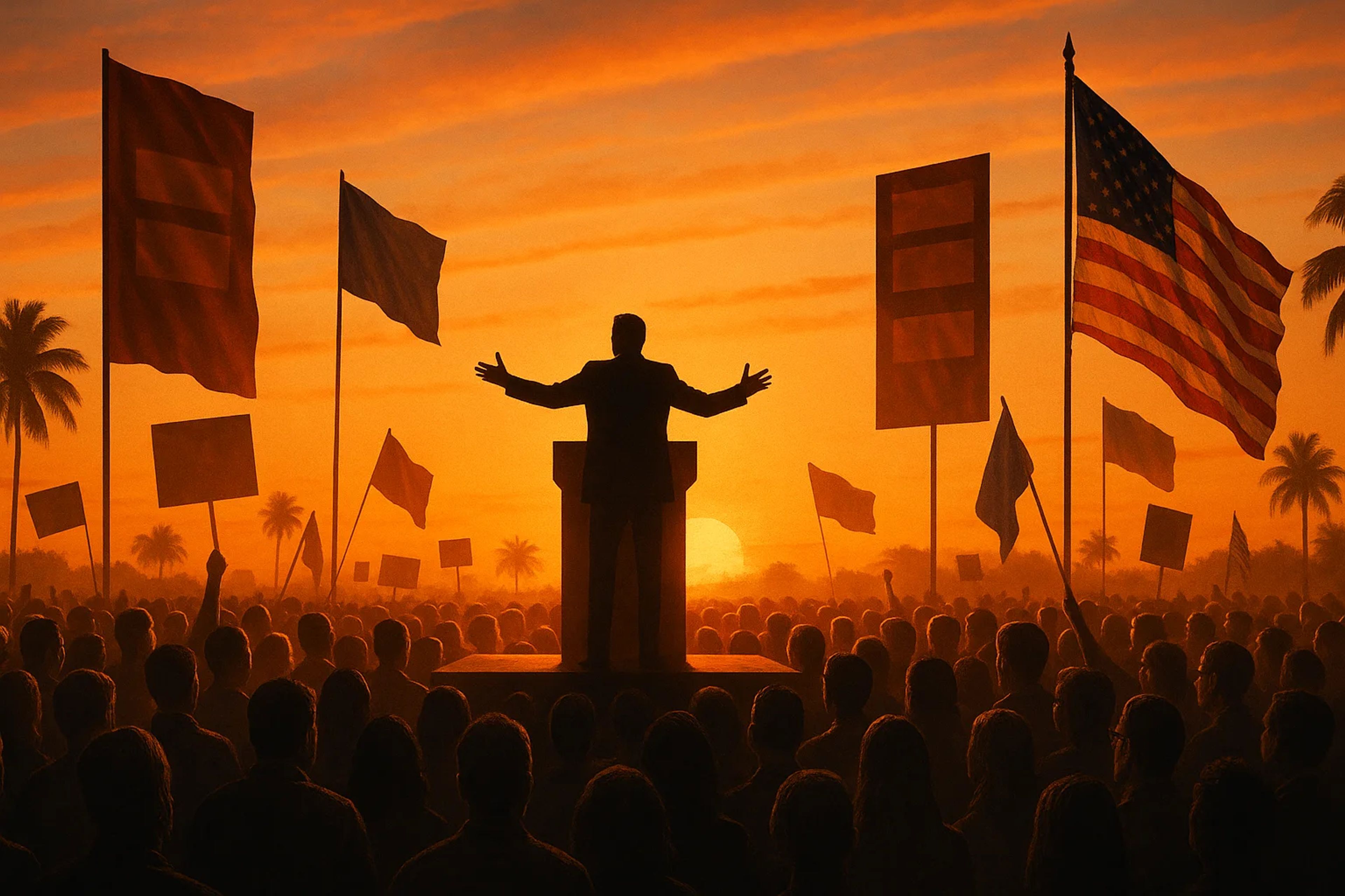 Silhouette of a speaker at a podium with flags