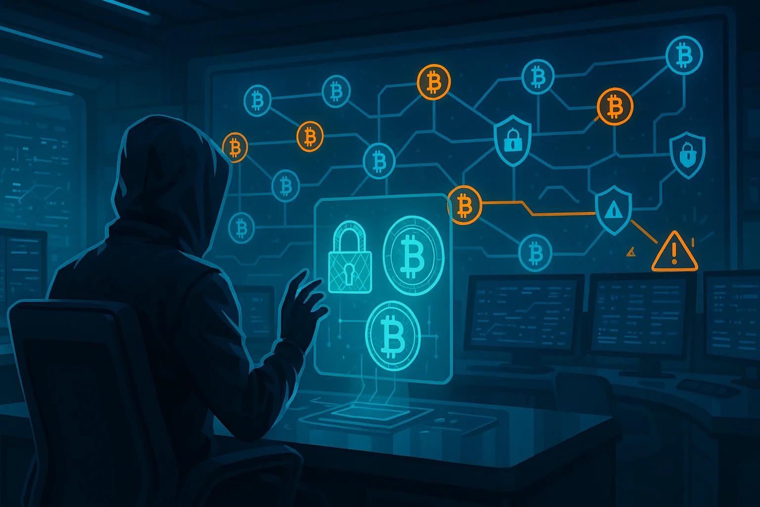 A hooded figure interacts with a digital