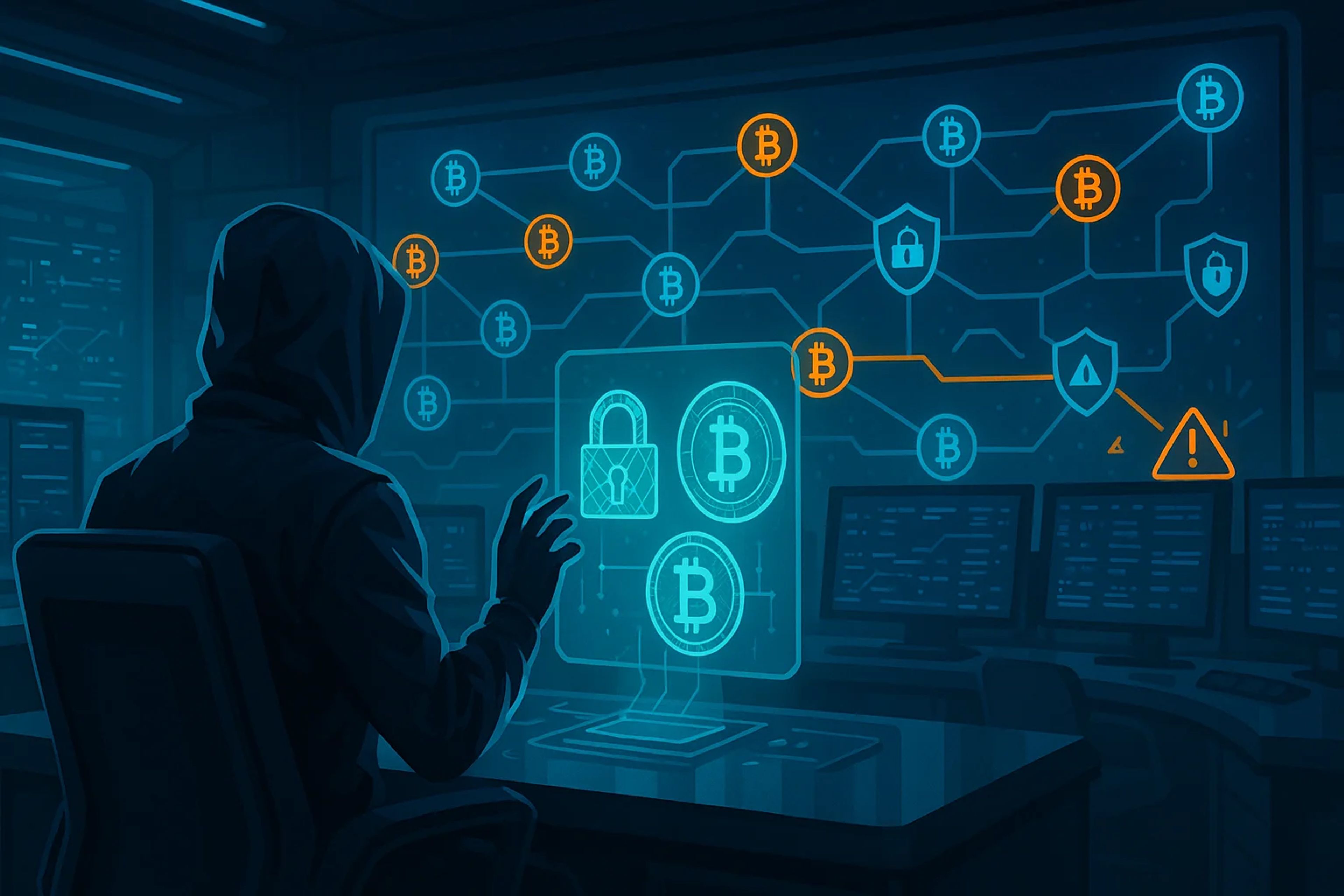 A hooded figure interacts with a digital