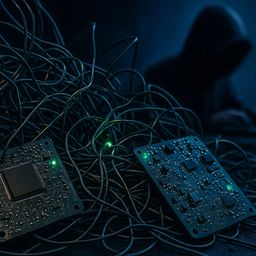 Circuit boards surrounded by tangled wires in dim