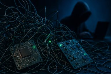 Circuit boards surrounded by tangled wires in dim