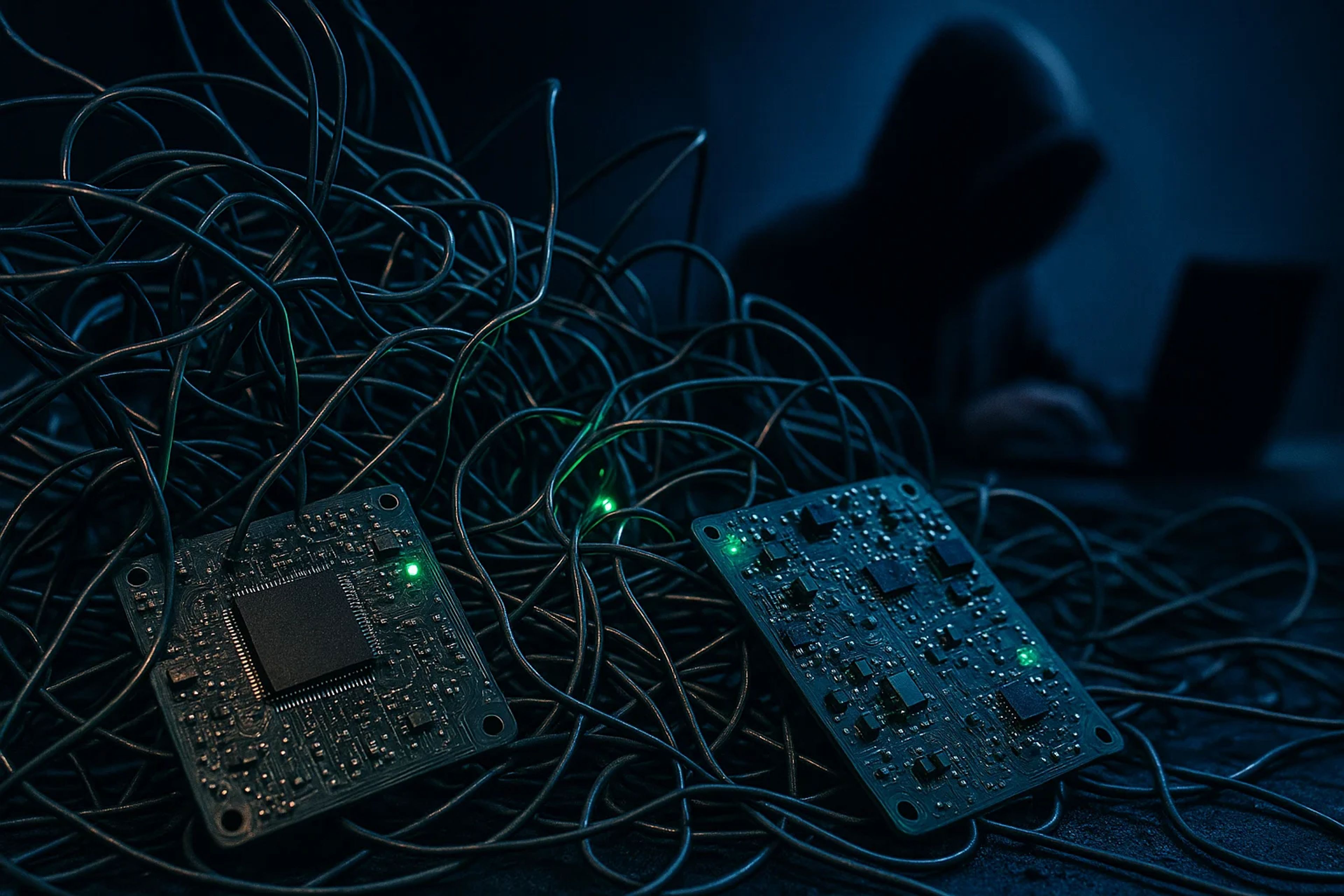 Circuit boards surrounded by tangled wires in dim