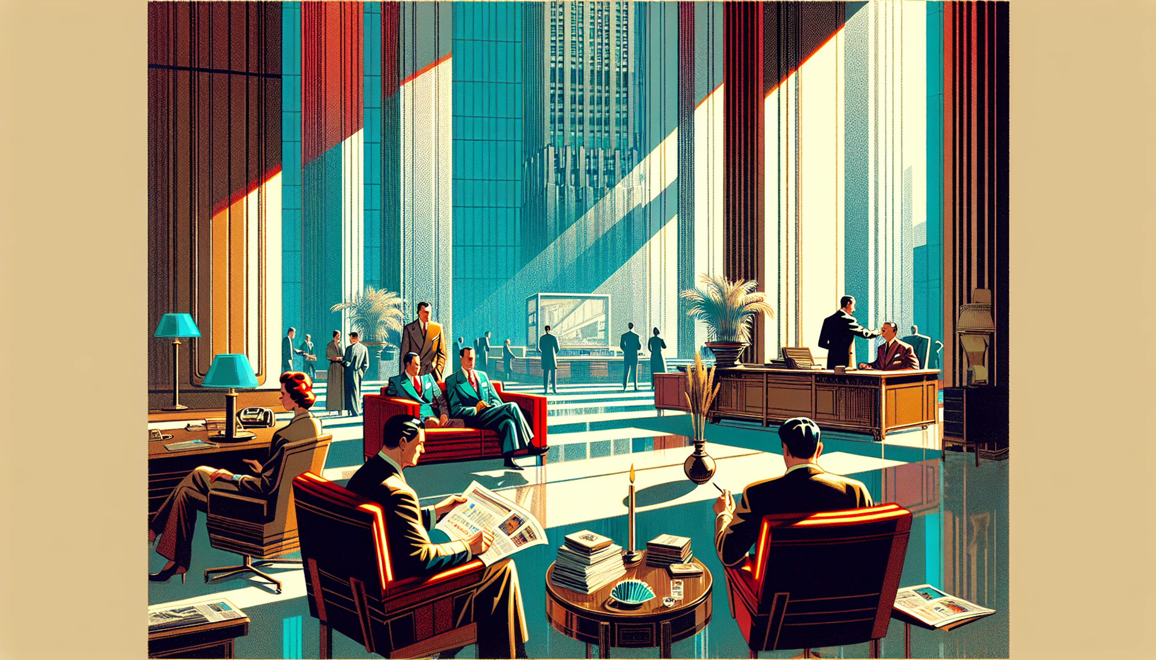 Modern office lobby with tall windows and sunlight