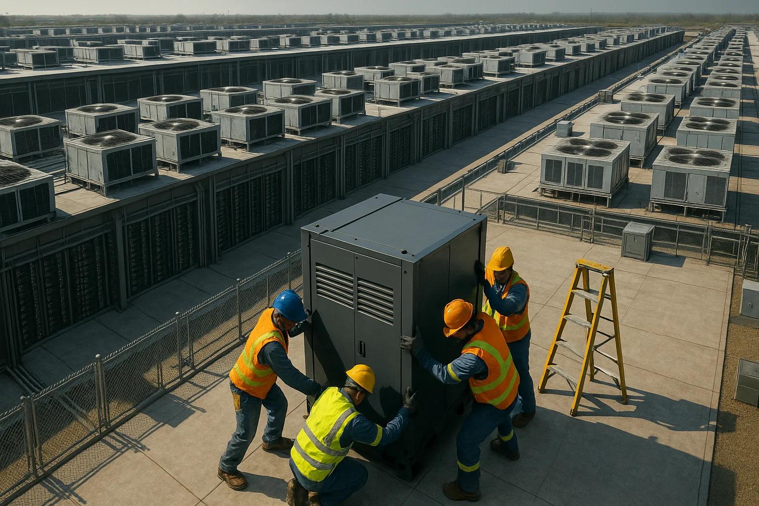 Workers in safety gear moving equipment among air