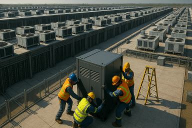 Workers in safety gear moving equipment among air