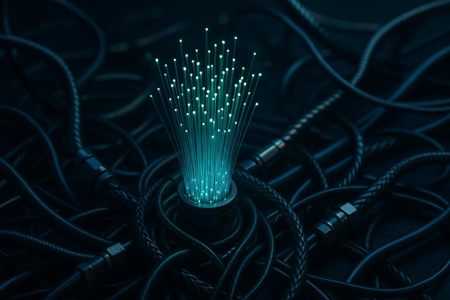 Glowing fiber optic strands emerging from a base