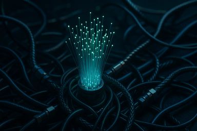 Glowing fiber optic strands emerging from a base