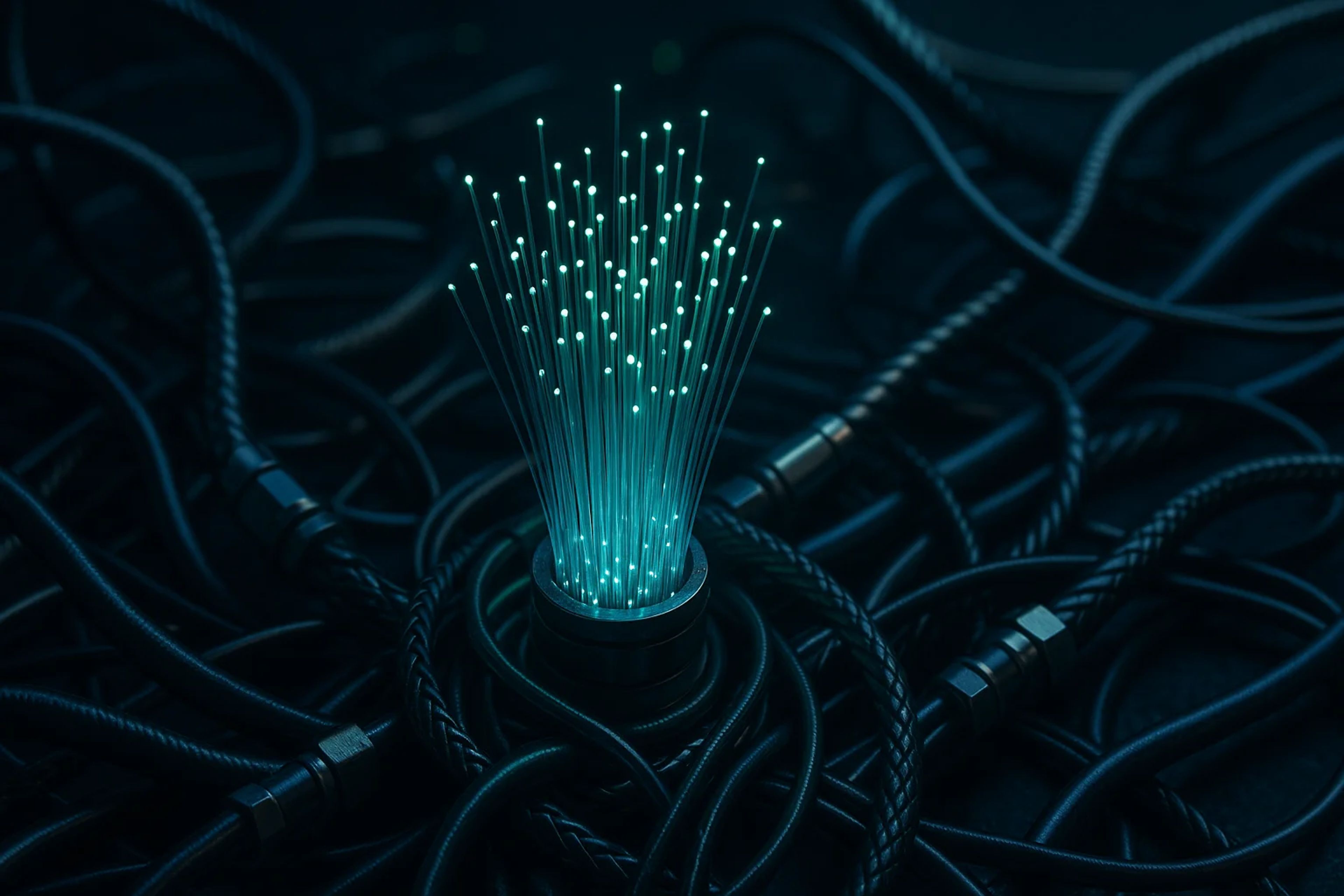 Glowing fiber optic strands emerging from a base