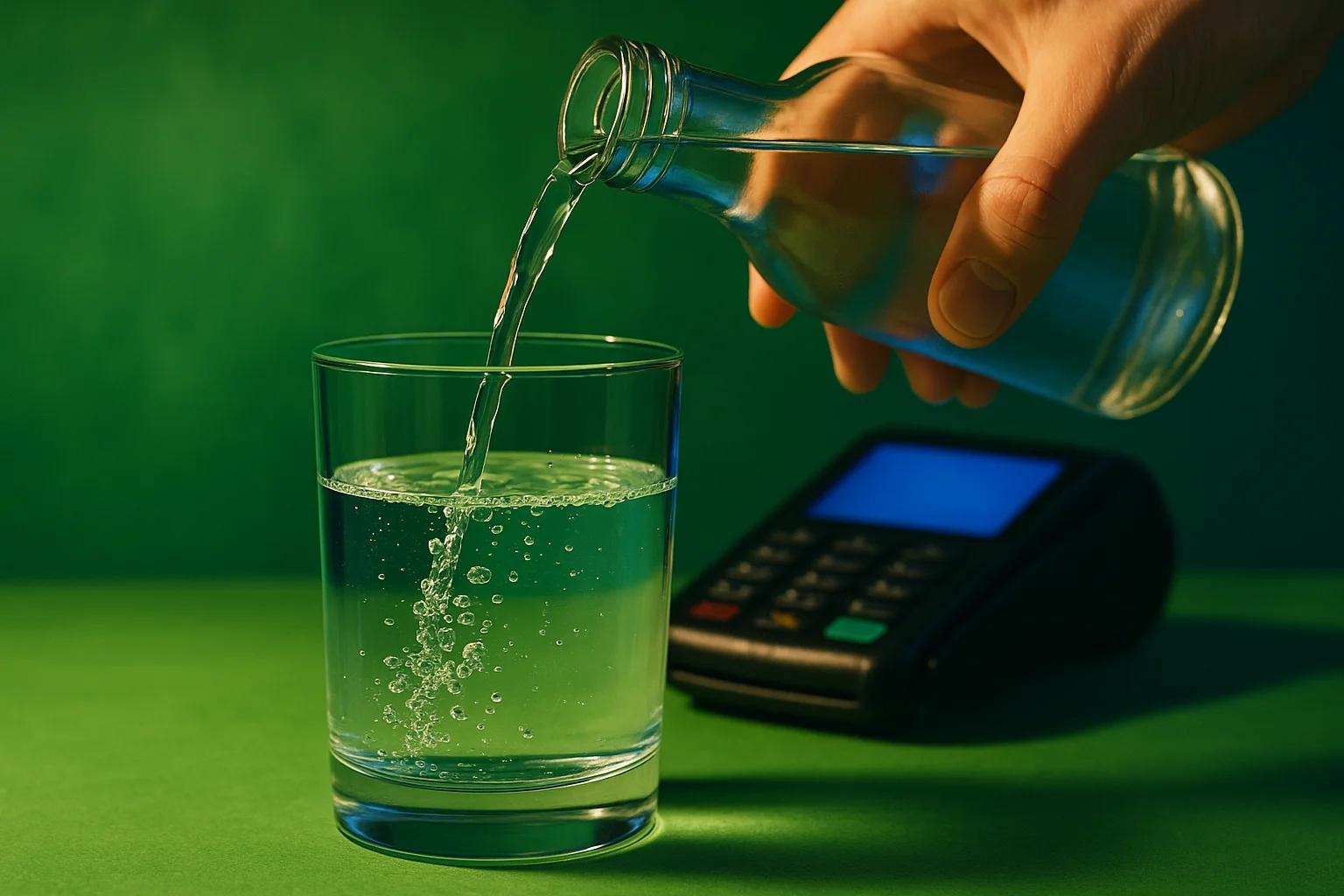 A hand pours water from a bottle into a glass