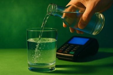 A hand pours water from a bottle into a glass