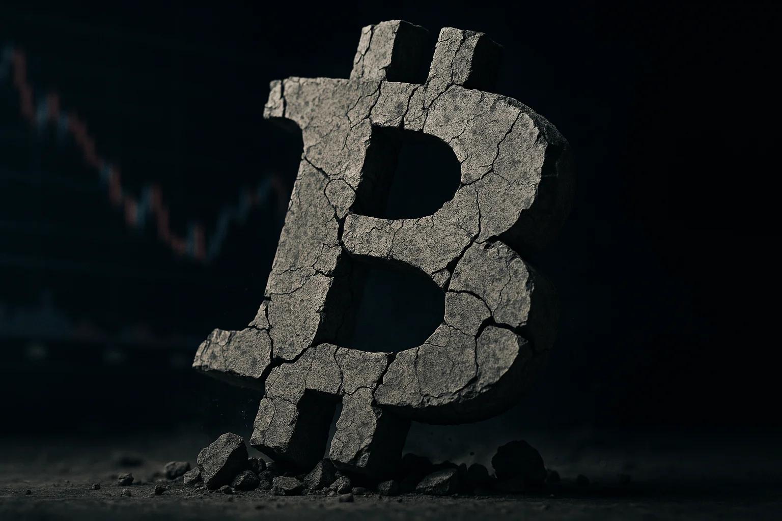 Cracked stone Bitcoin symbol on a dark background