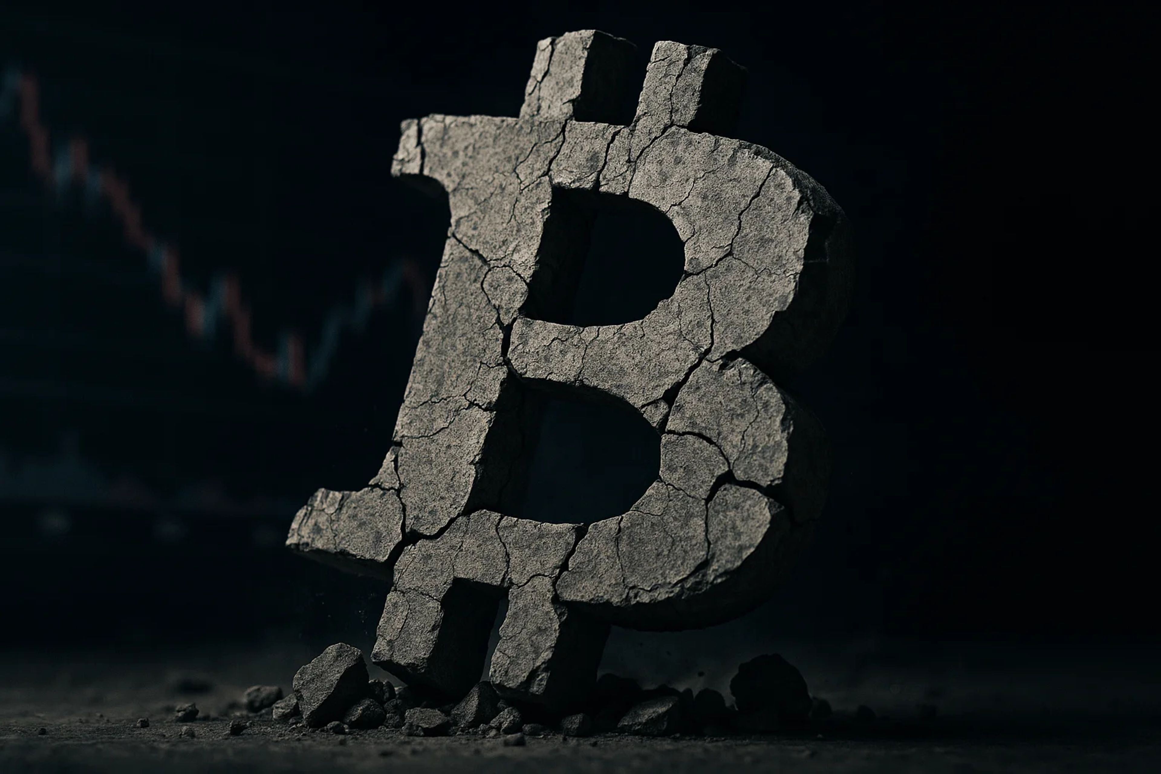 Cracked stone Bitcoin symbol on a dark background