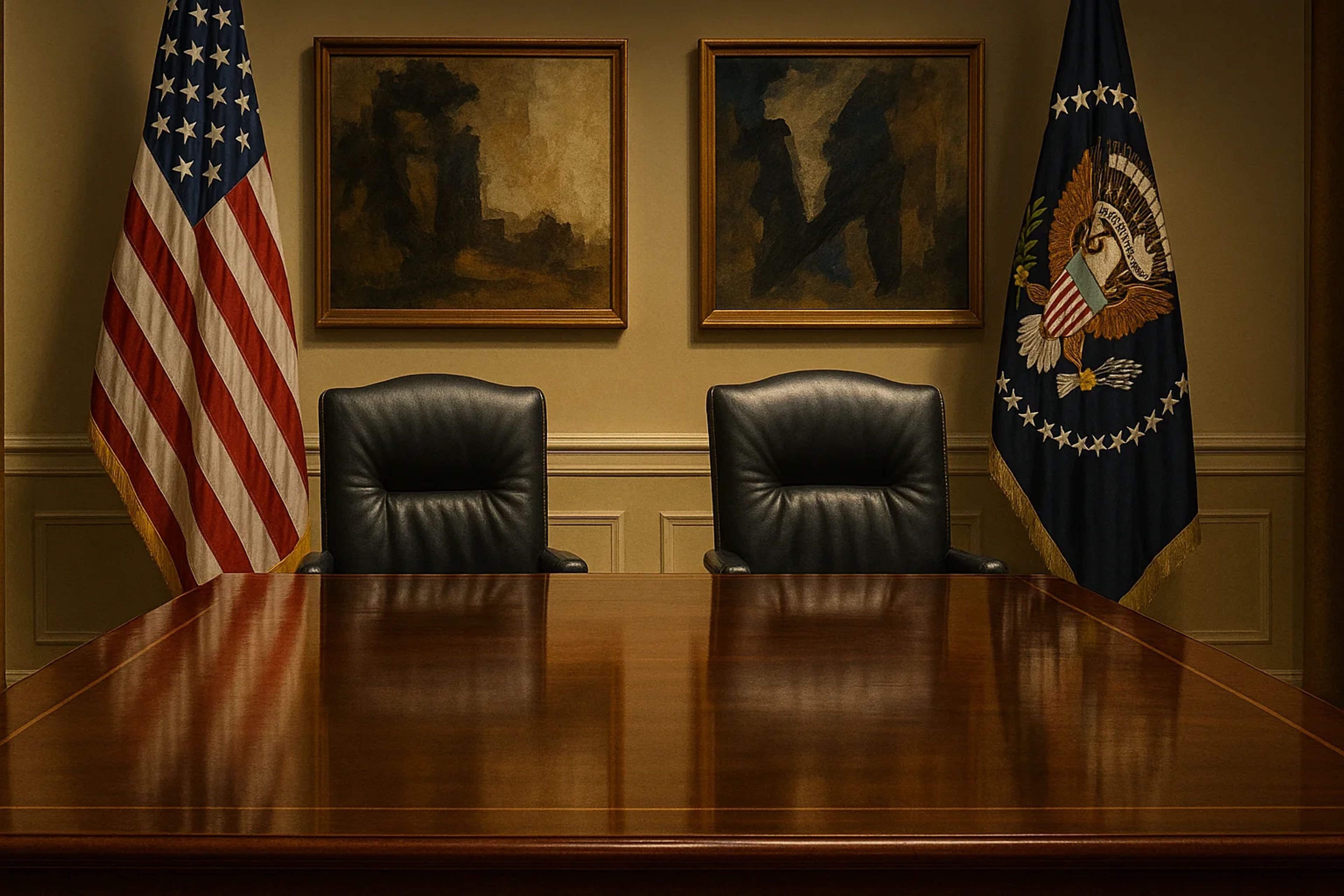A wooden table with two black chairs, flanked by