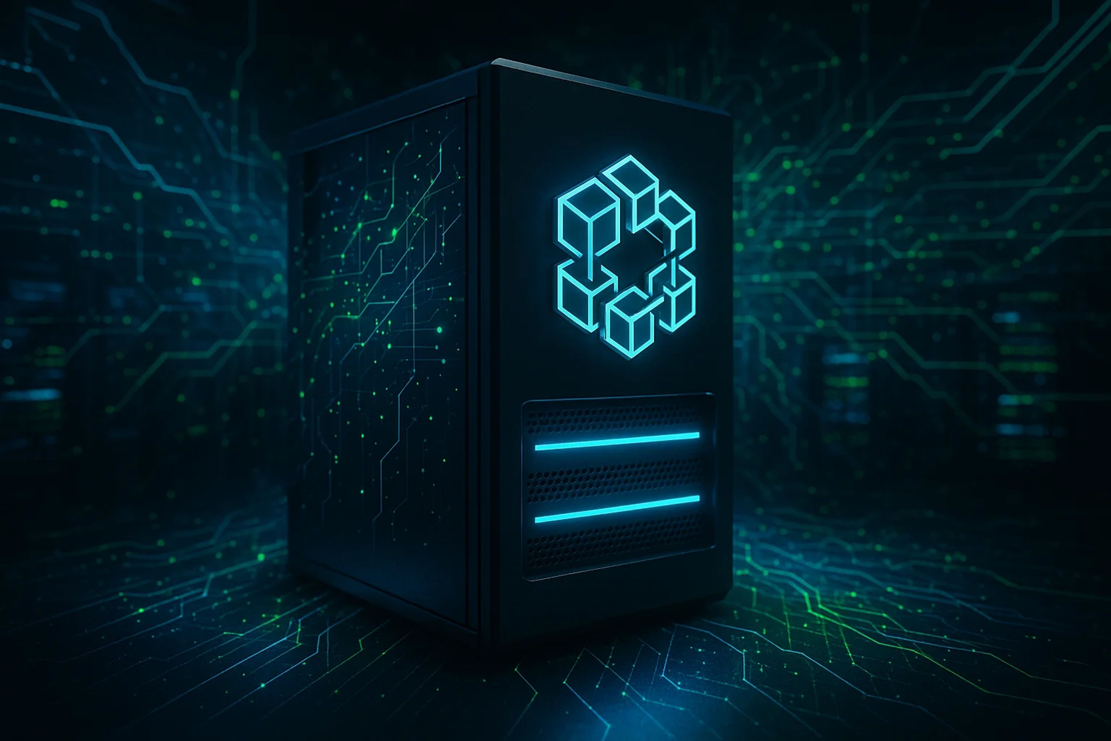 A sleek computer case illuminated with blue