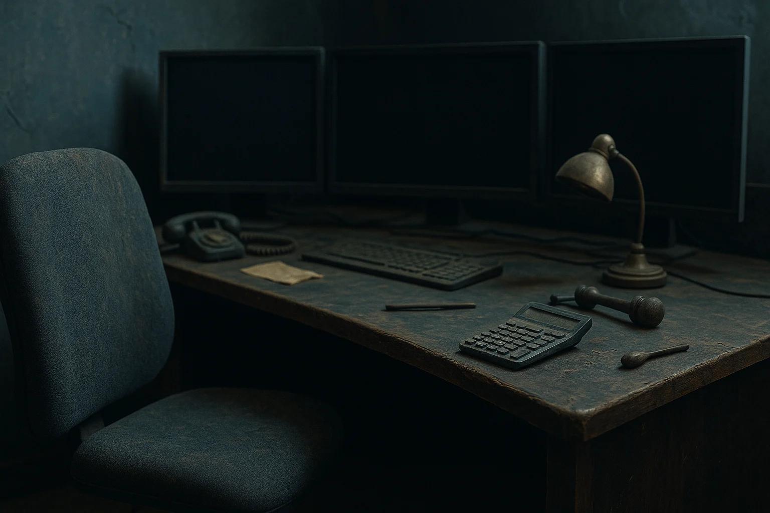 A dimly lit office desk with three monitors, a