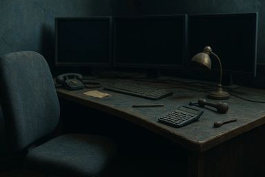 A dimly lit office desk with three monitors, a