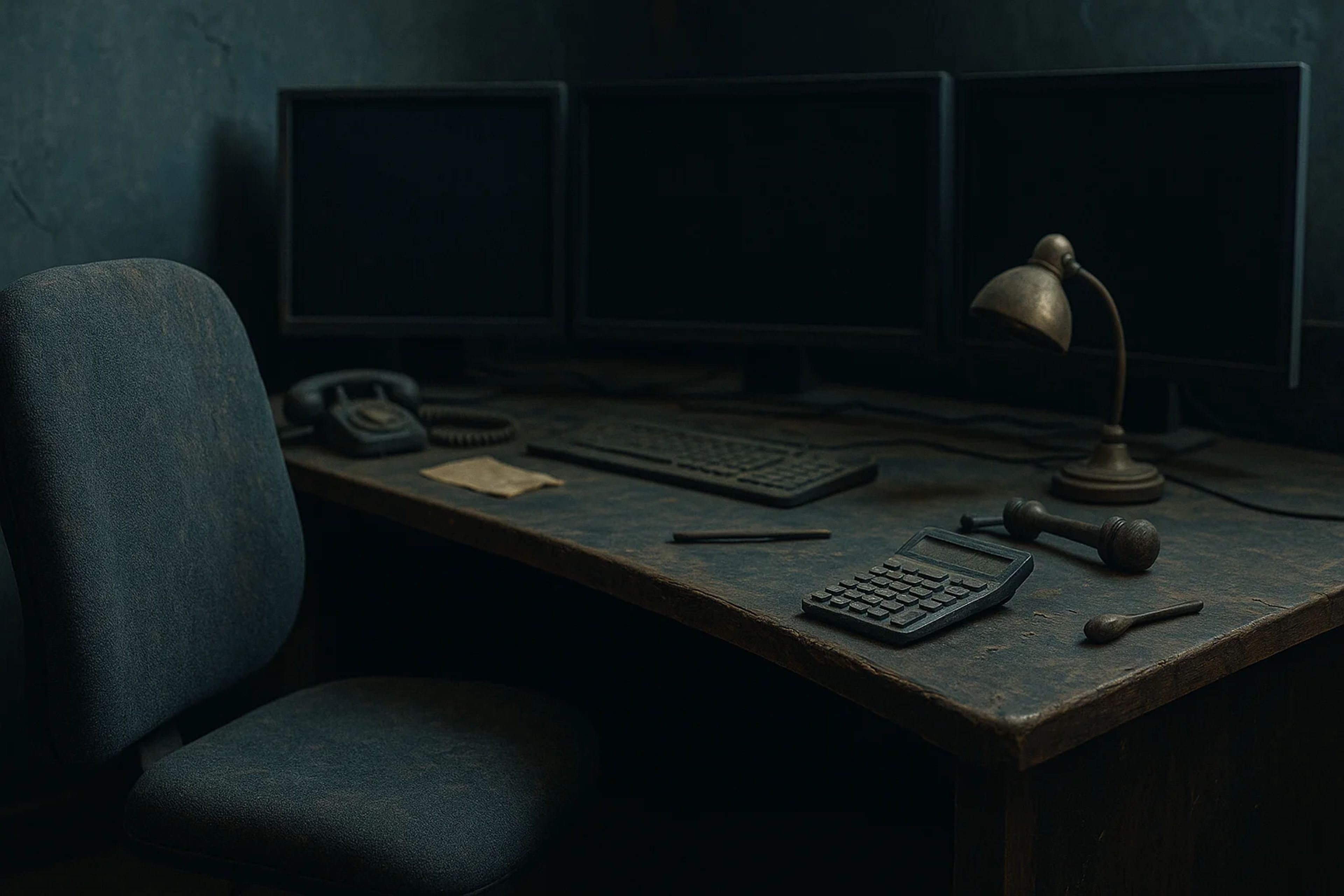 A dimly lit office desk with three monitors, a