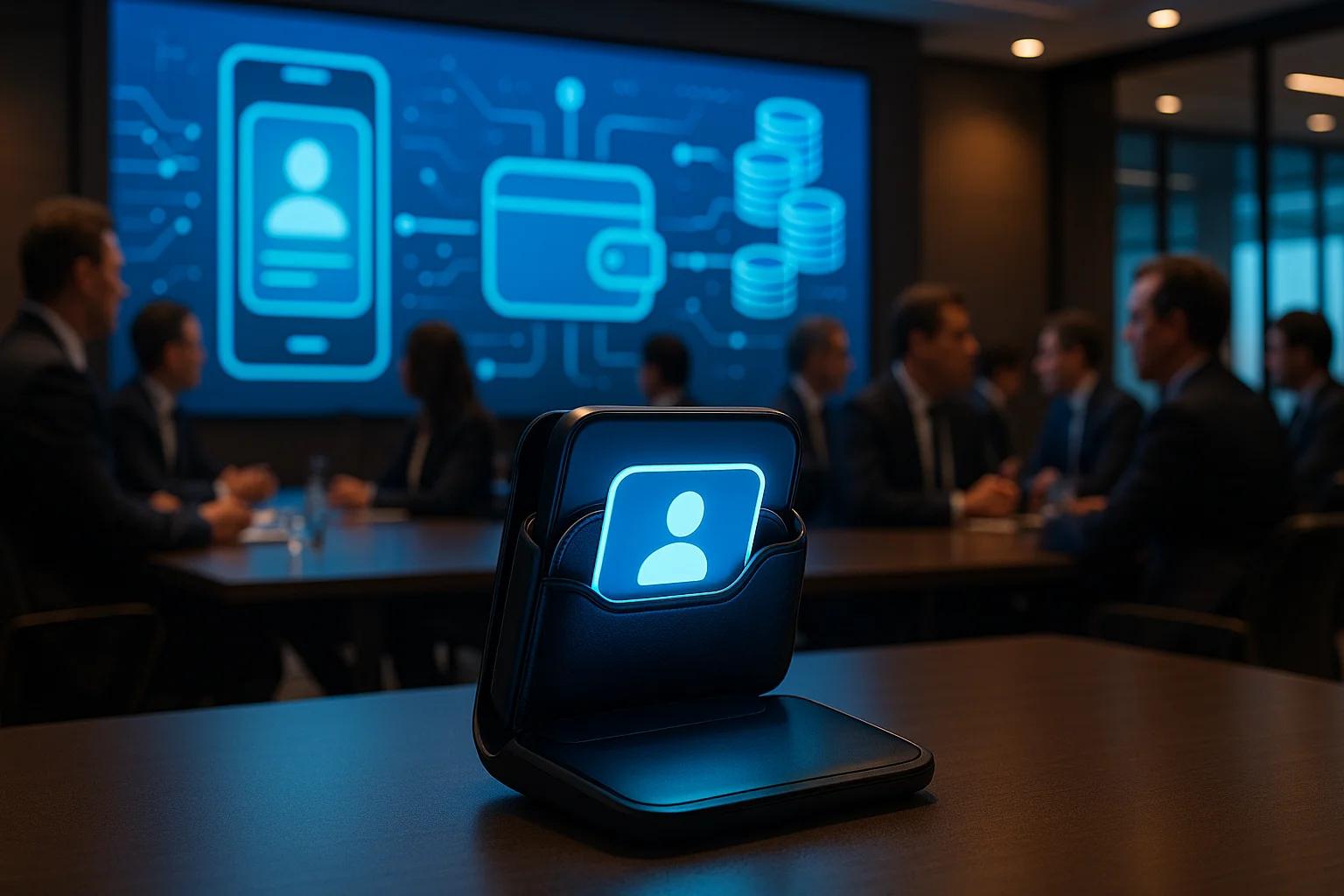 A glowing digital wallet icon in focus, with a