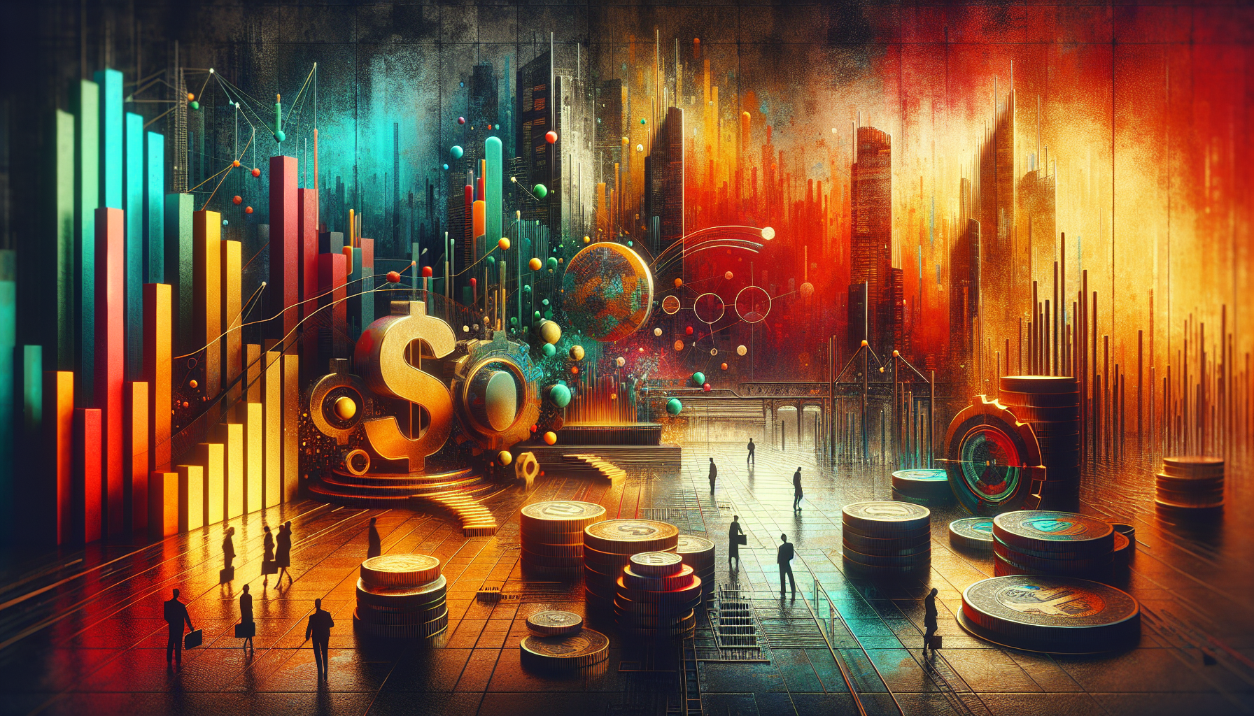 Colorful abstract financial landscape with coins