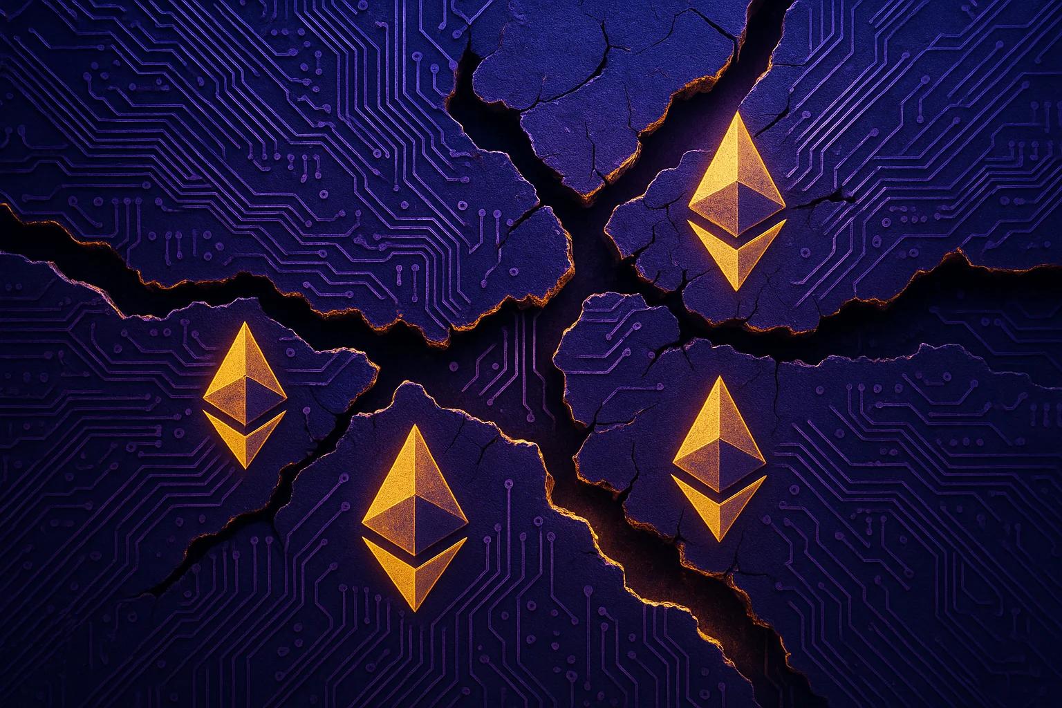 Cracked surface with glowing Ethereum symbols