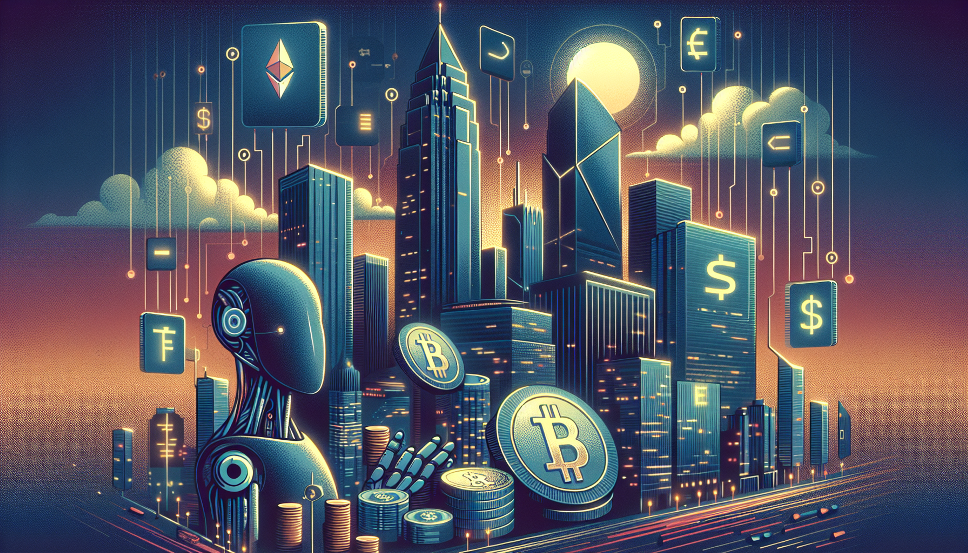 Futuristic cityscape with digital currency symbols