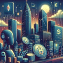 Futuristic cityscape with digital currency symbols